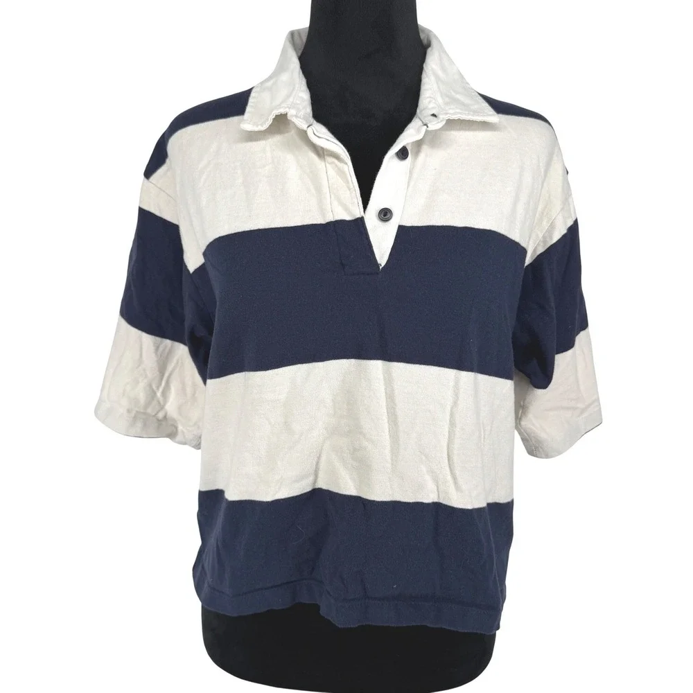 American Eagle Women Rugby Polo Shirt Navy Big Stripe Cropped Academia M Baggy - Picture 1 of 7